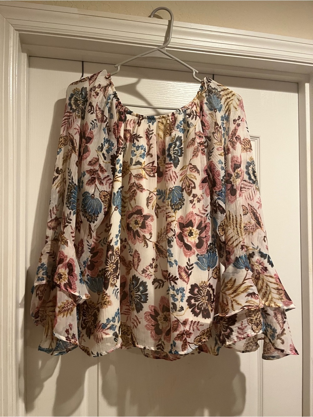 LOFT Cream Floral Off-Shoulder Blouse with Blue and Pink Accents